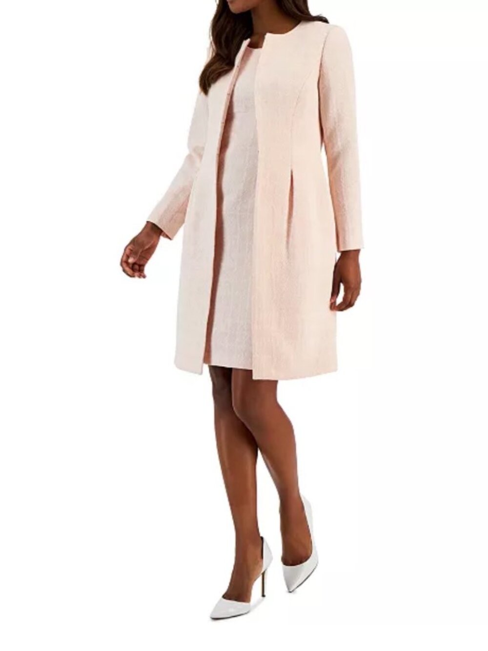 NWT Le Suit Jacquard Long Jacket & Sheath Dress Set in Light Blossom. Size 10